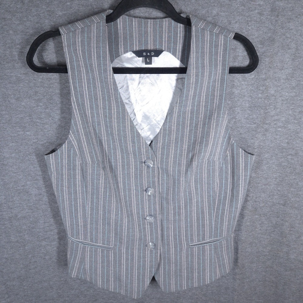Y2K S & D Office Siren Pinstripe Vest Womens Large Gray Tailored Waistcoat